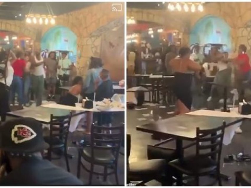 Karriget fluturojnë në të gjitha anët, rrahje masive mes dy familjeve brenda një restoranti 