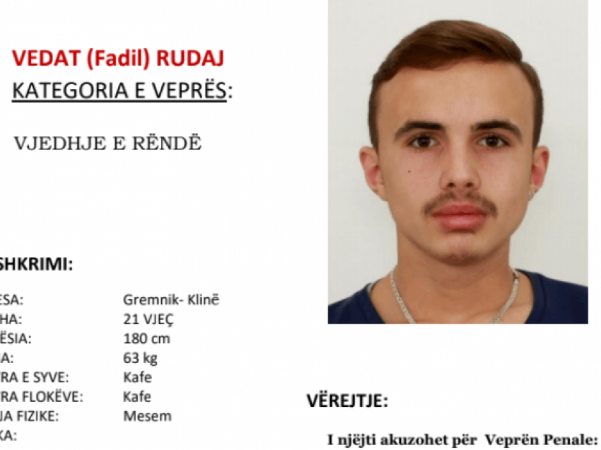 Për arrestimin e Vedat Fadil Rudajt, policia kërkon bashkëpunimin e qytetarëve