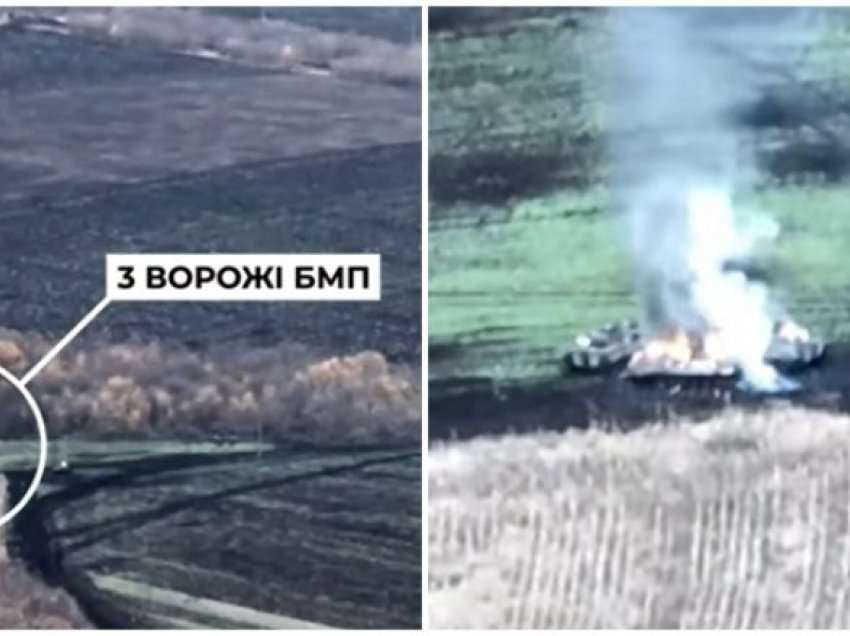 Ukrainasit shkatërrojnë tri mjete te blinduara të rusëve në Kharkiv me predha 120 mm, publikohen pamjet nga ajri