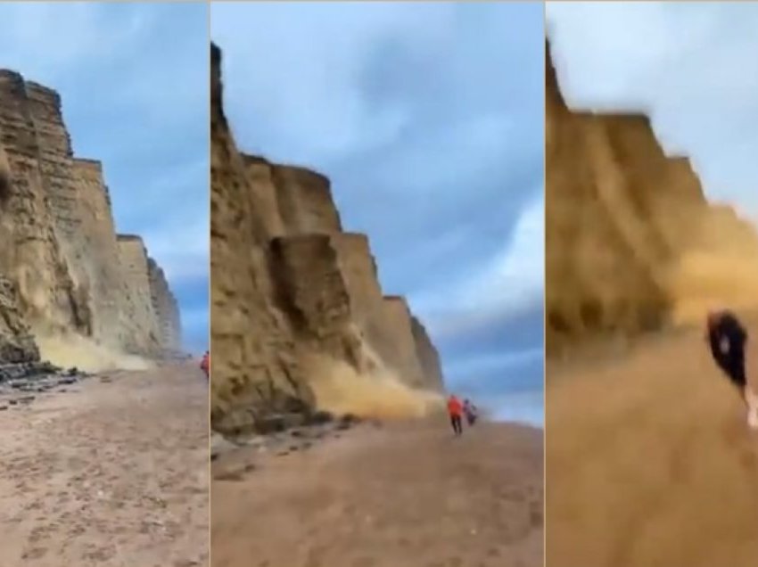 Momenti kur disa turistë i mbijetojnë shembjes së një mase shkëmbore në një plazh të Anglisë