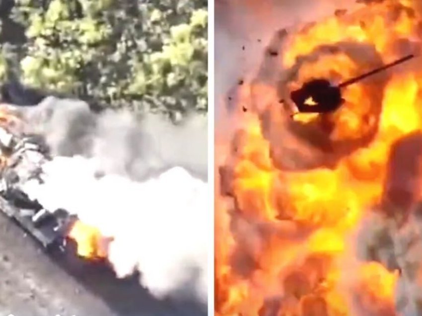 Ukrainasit shkatërrojnë tankun rus me dron kamikaz, ai bëhet “copë-copë” kur municioni që ishte brenda përfshihet nga zjarri