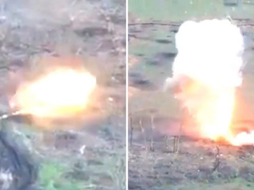 Tanku ukrainas arrin të godet direkt dhe shkatërrojë tankun rus në Bakhmut, pamjet nga droni shfaqin betejën e ashpër