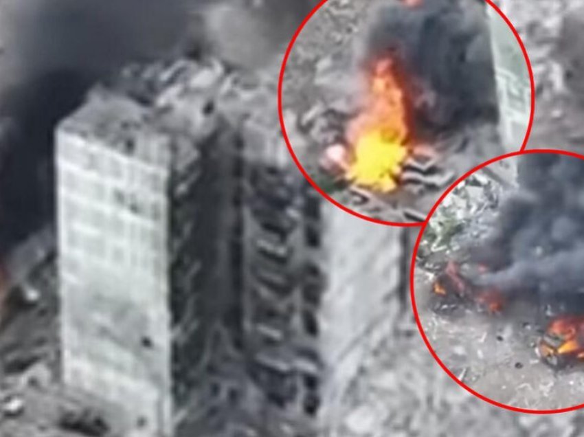 Droni vëzhgues filmon momentin kur artileria ukrainase shkatërron makinerinë luftarake të rusëve