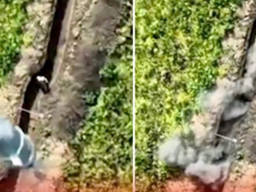 Operatori i dronit ukrainas hedhë predhën mbi ushtarin rus që po qëndronte pranë istikames, shpërthimi ishte fatal për të