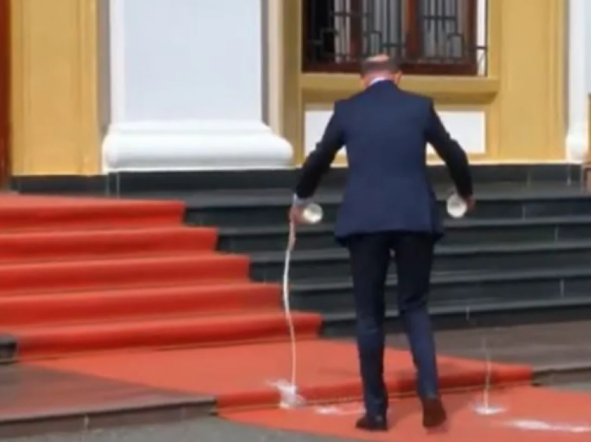 Deputeti Sula ‘godet’ sërish, shkon në Kuvend me dy bidona me qumësht, e derdh në shkallët e Parlamentit
