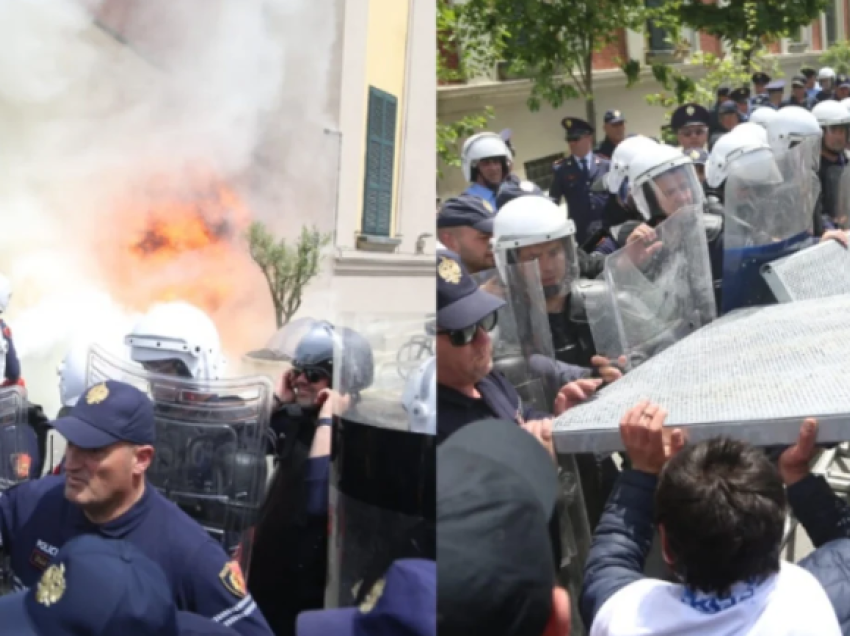 Përshkallëzohet protesta para bashkisë Tiranë, hidhet molotov dhe vezë! Protestuesit tentojnë të heqin kordonin e policisë